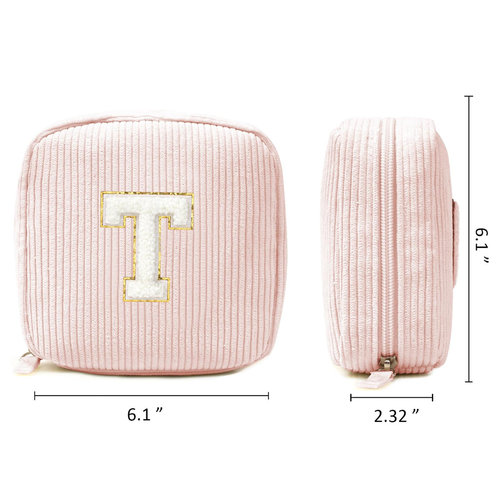 Cute Monogram Initial Makeup Bag - Pink Cosmetic Pouch Make Up Case, Friendship, Birthday Gifts(Letter T, Pink)