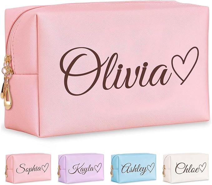 Fincekoom Personalized Makeup Bag with Name & Birth Flower, Custom Leather Cosmetic Bags for Women, Customized Travel Toiletry Bag Gifts for Bridesmaid Wedding