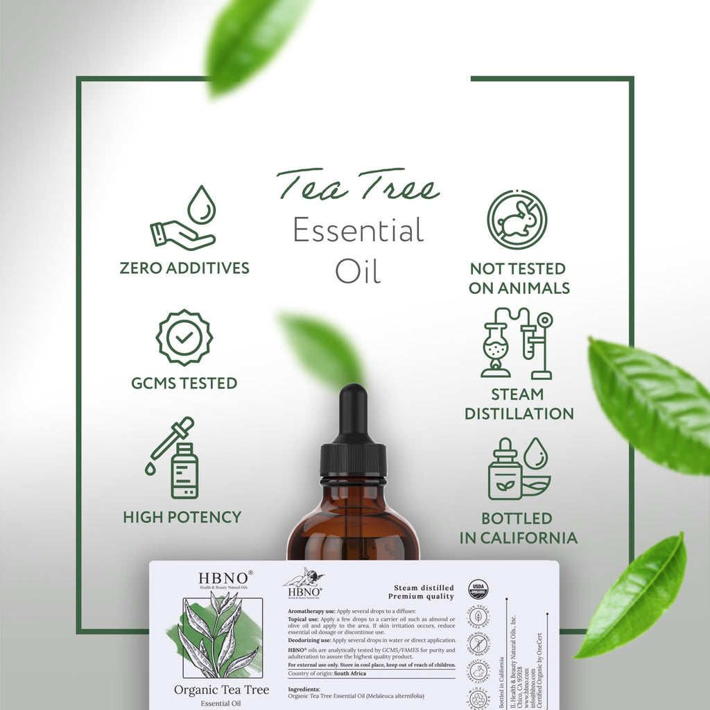 HBNO California Bottled Organic Tea Tree Oil for Skin & Hair - 4 fl oz (120ml) - USDA Certified Organic Tea Tree Oil for Aromatherapy
