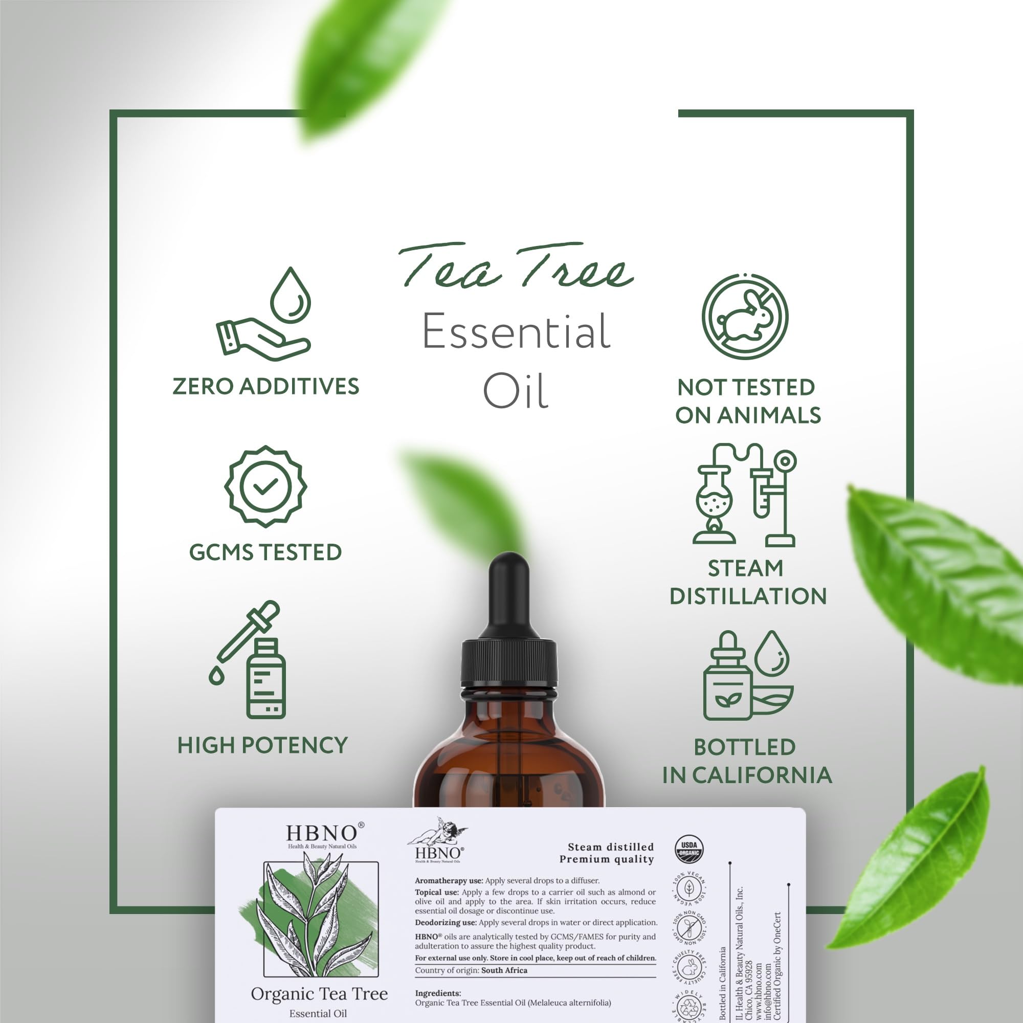 HBNO California Bottled Organic Tea Tree Oil for Skin & Hair - 4 fl oz (120ml) - USDA Certified Organic Tea Tree Oil for Aromatherapy