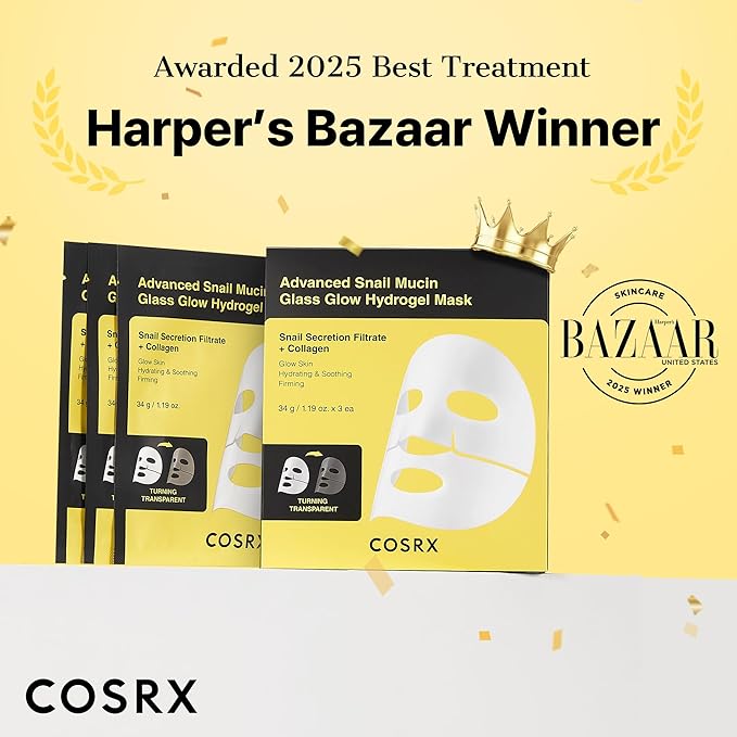 COSRX Advanced Snail Mucin Glass Glow Hydrogel Face Masks Skincare 3 EA