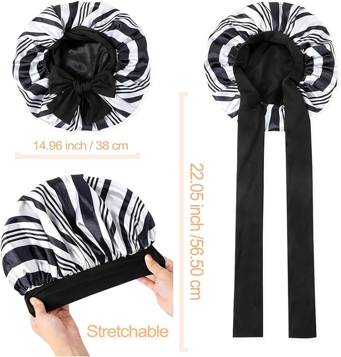 GDTOGRT Satin Silk Bonnet for Sleeping Women, Double Layer Sleep Hair Bonnets Caps for Curly Natural Hair with Tie Band -Black Stripe