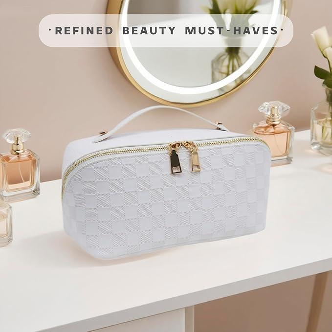 JINYIBAGS Travel Makeup Bag – Large Cosmetic Organizer with Waterproof PU Leather, Smooth Double Zipper & Tear-Resistant Lining, Toiletry Pouch for Women (White)