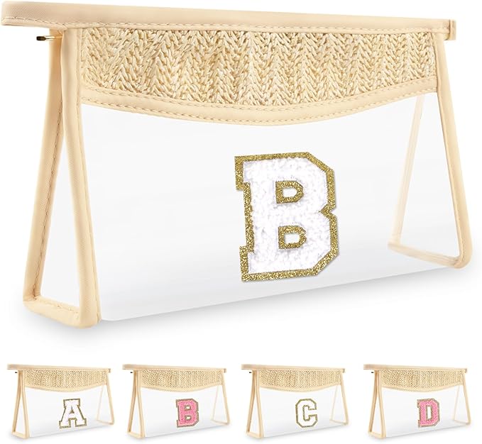 UIXIZQ Personalized Initial Letter Bag Boho Straw Clear Makeup Bag,Small Cute Chenille Varsity Letter Bag With Zipper,Beach Travel Toiletry Bag,Portable Monogrammed Cosmetic Bag for Women Girls,B