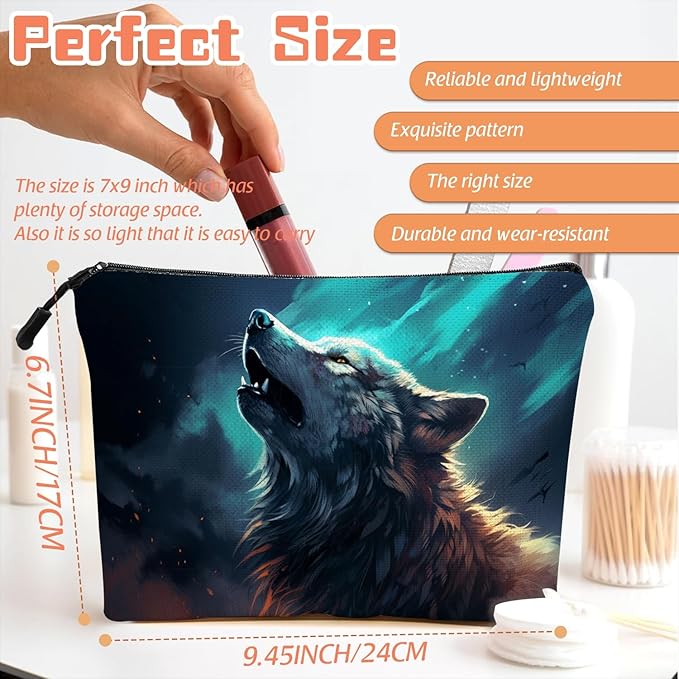 Scribesense Cosmetic Bags Travel Makeup Toilet Case Waterproof Pouch for Women Girls 6.7X9.45inches - Wolf Howling Against A Mysterious Night Sky
