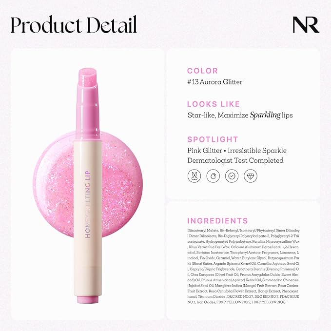 Nature Republic HONEY MELTING LIP GLITTER (13 AURORA) | SOFT LIP STICK Hydrating Gloss, Moisturizing balms, Shine Glimmer Finish, Shimmery-Sheer tint, korean make up