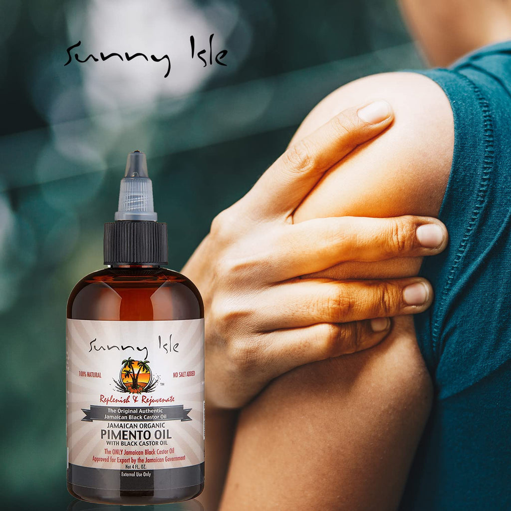 Sunny Isle Jamaican Organic Pimento Oil with Black Castor Oil 4oz | Formulated to Nourish the Scalp, Condition and Strengthen Hair | Traditional Body Rub for Muscle Pain