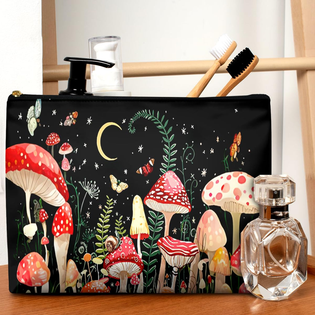 GEGEPINK Cute Makeup Bag for Purse Waterproof Cosmetic Bags for Women Funny Smooth Zipper Travel Toiletry Pouch 10X8 Inches-Mushroon Makeup pouch