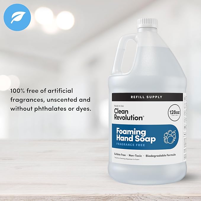 Clean Revolution Fragrance Free Foaming Hand Soap Refill, Moisturizing Sulfate-Free Hand Soap, Ready-to-Use Foam Soap Refill for Kitchen & Bathroom, Unscented (128oz, 4 Pack)
