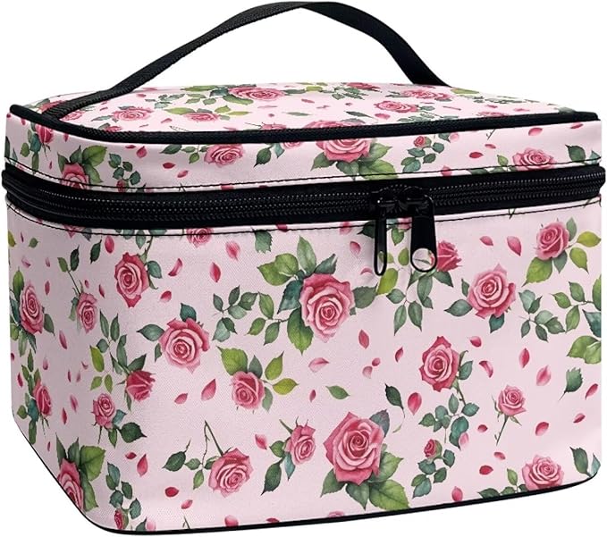 Drydeepin Rose Hearts Valentine's Day Print Travel Makeup Bags for Women Portable Tote Cosmetic Case with Carry Handle Toiletry Accessories Storage Organizer Bags