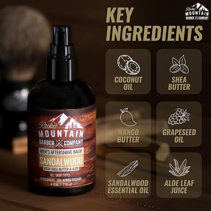 Rocky Mountain Barber Company Sandalwood Aftershave Balm for Men, 4 oz