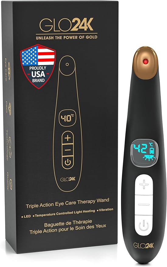 GLO24K Heated Eye Wand & Eye Massager Tool - Gentle Warmth & Vibration for Smoother-Looking Skin, Refreshing Under-Eyes Massage, Portable Beauty Device