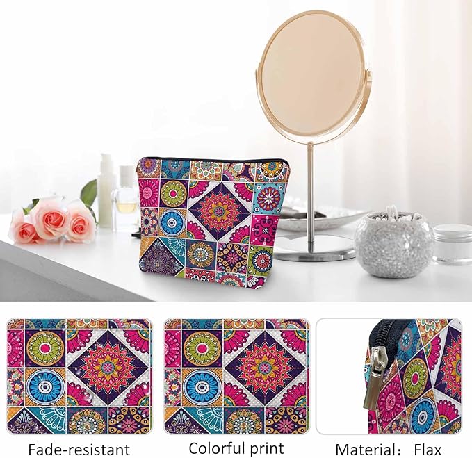 Kalygon Women Makeup Organizer Bag Mandala Floral, Colorful Ethnic Mandala Flower Patchwork Flax Cosmetic Bag Makeup Bags Toiletry Bag Accessories Organizer Travel Bags For Home Bathroom Office Hotel