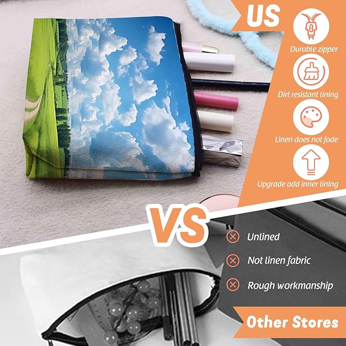 Scribesense Cosmetic Bags Travel Makeup Toilet Case Waterproof Pouch for Women Girls 6.7X9.45inches - Green Field With A Winding Dirt Road Under Blue Sky