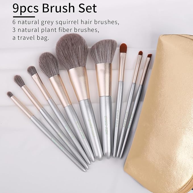 ENZO KEN Natural Hair Makeup Brushes Set Professional, Grey Squirrel Hair Makeup Brush Set with Case, Unique Cosmetic Brushes Makeup Set, Natural Makeup Brushes, Natural Bristle Makeup Brushes -Silver