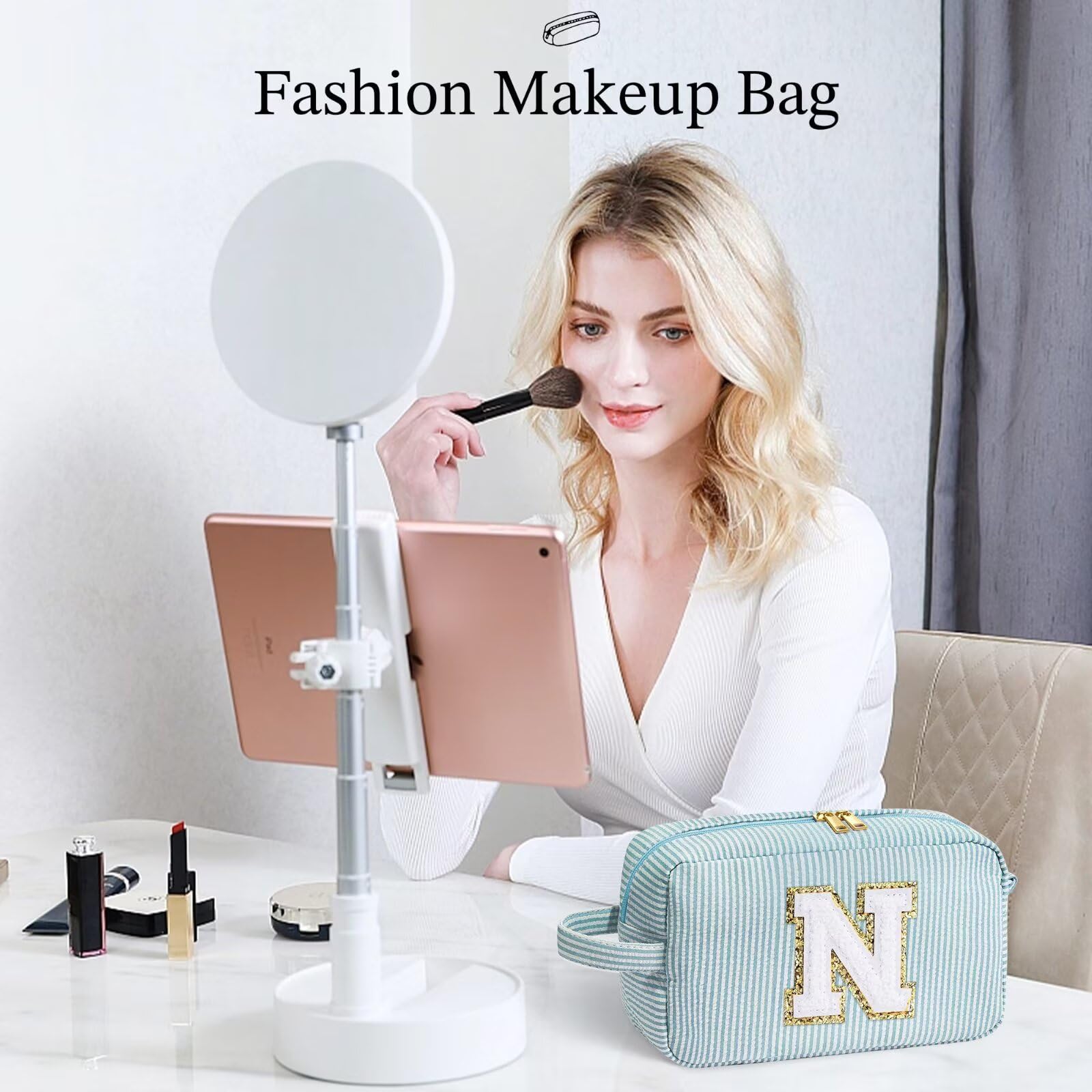 YOOLIFE Initial Cosmetic Bag for Women - Monogram Cute Makeup Bag Cosmetic Case Toiletry Pouch for Women Her Best Friend Sister Teacher, Personalized Birthday Gifts for Women, Green I