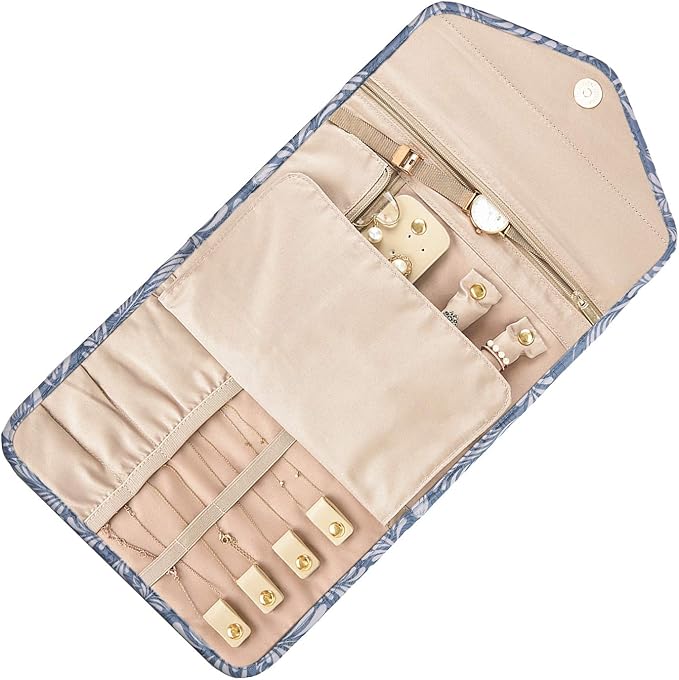 BAGSMART Travel Jewelry Organizer Roll Foldable Jewelry Case, White Leaf