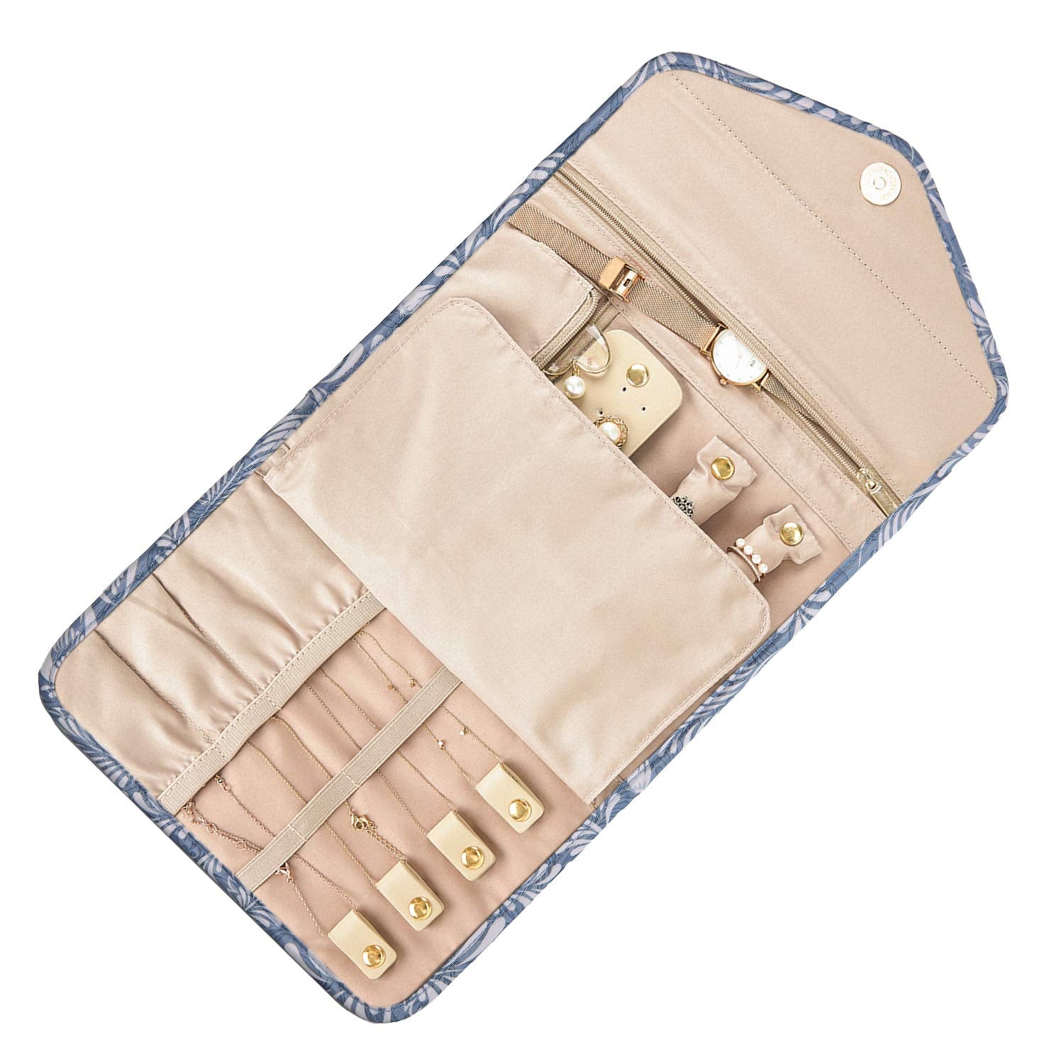 BAGSMART Travel Jewelry Organizer Roll Foldable Jewelry Case, White Leaf