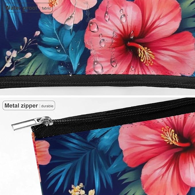 Meaudiwes Travel Cosmetic Bag, Large Makeup Case, Toiletry Bag, Personality Fashion Zipper Cosmetic Case Tropical Hawaiian Colorful Hibiscus Flowers