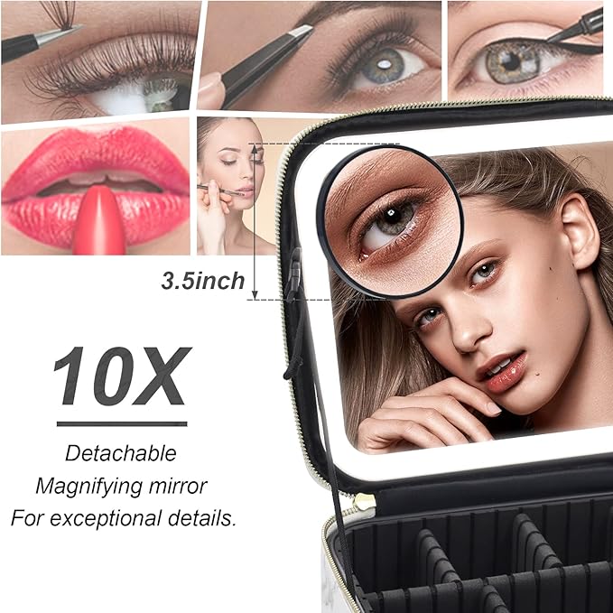 Jadazror Travel Makeup Bag with Lighted Mirror, Makeup Organizer Bag with 3 Color Modes Adjustable Brightness, Makeup Bag with Mirror and Lights Portable Cosmetic Bag Tools Accessories Gift (Purple)