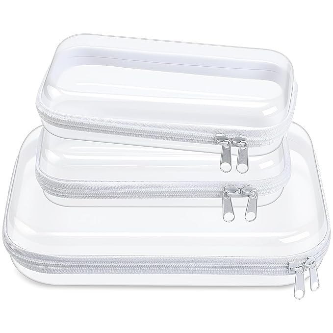 Hoolerry 3 Pcs Clear Hard Zipper Case Hard Plastic Zipper Pouch Makeup Bag Portable Travel Organizer for Cosmetics, Office Supplies, Documents & Toiletries(White,Mss)