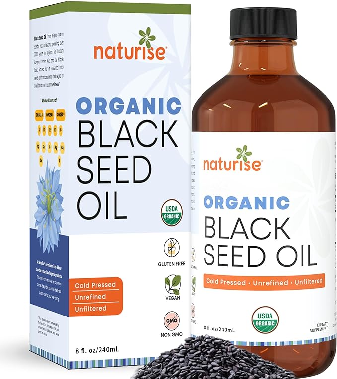 Naturise - Organic Black Seed Oil (Nigella Sativa, Cumin Seed) Cold Pressed Non-GMO, 8 oz Glass Bottle Source of Essential Fatty Acids, Omega 3 6 9'