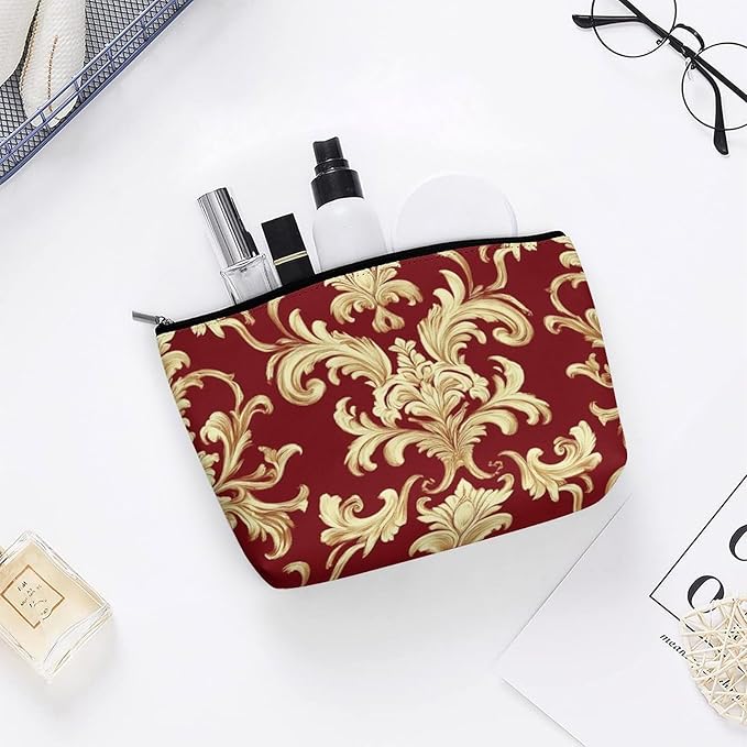 Meaudiwes Fashion Zipper Cosmetic Case, Portable Makeup Case, Personality Toiletry Bag, Travel Cosmetic Toiletry Bag Flower Red Gold Floral Classy Burgundy Antique