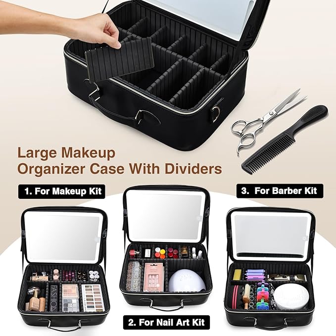Faquenc Large Makeup Bag with LED Mirror,15”Cosmetic Train Case for Makeup Artists,Travel Makeup Organizer Case w Divider Rechargeable Vanity Mirror with 3 Color Lights for Barber,MUA,Nail Tech, Black