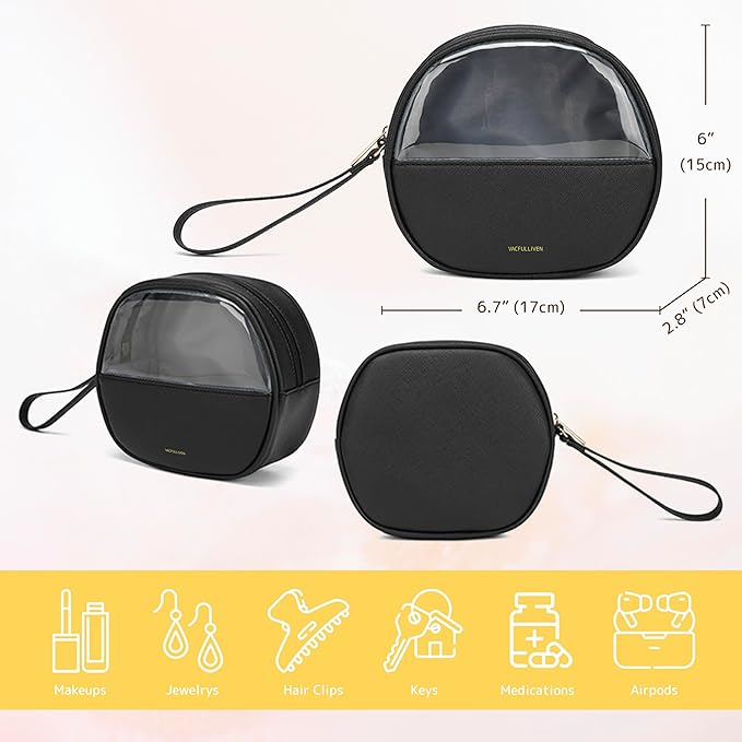 Vacfulliven Clear Makeup Bag for Travel, Mini Waterproof Cosmetic Organizer with Zipper, Portable Transparent Toiletry Bag for Women & Men (6.7x6 Inch) - Fits Makeup, Skincare, Jewelry (Black)