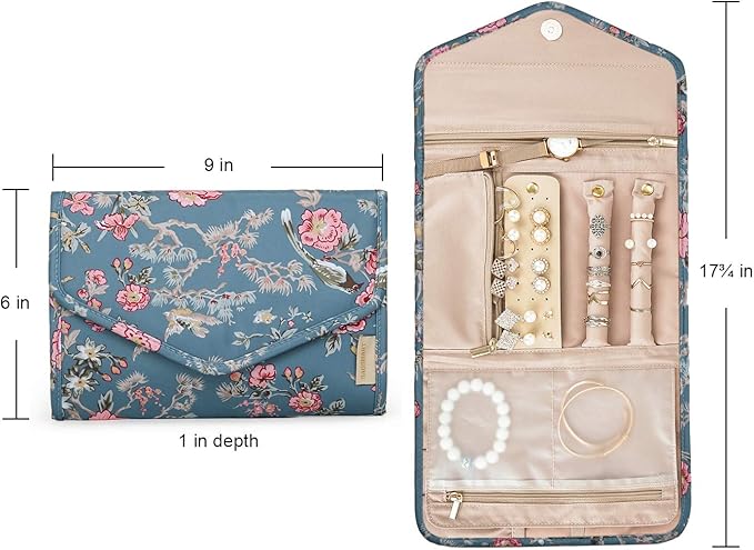 BAGSMART Travel Jewelry Organizer Roll Foldable Jewelry Case,Flower Bird