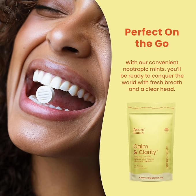 Neuro Calm & Clarity Mints - GABA L-Theanine Stress Supplement with Vitamin D3 - Non-Drowsy, Functional Calming Mints for Mood, Mental Clarity & Cognitive Function - Honey Lemon, 90 ct
