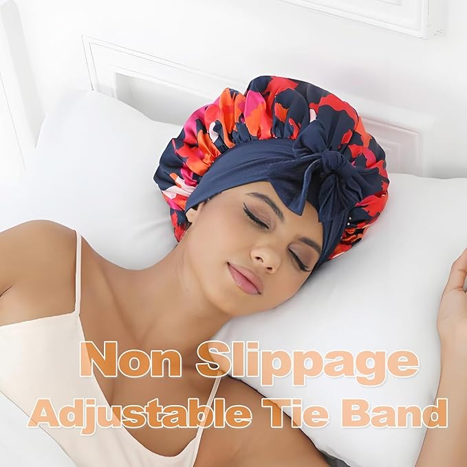 GDTOGRT Satin Silk Bonnet for Sleeping Women, Double Layer Sleep Hair Bonnets Caps for Curly Natural Hair with Tie Band - Blue-Mix