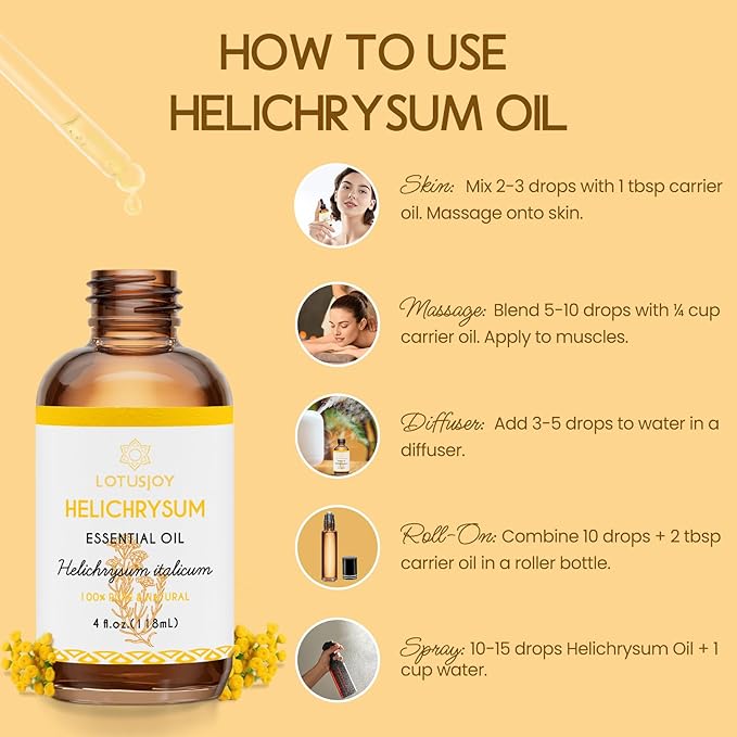 LOTUSJOY Helichrysum Essential Oil, 100% Pure Helichrysum Italicum Oil for Bruising Skin Roll On Diffuser Room Spray - 4 Oz