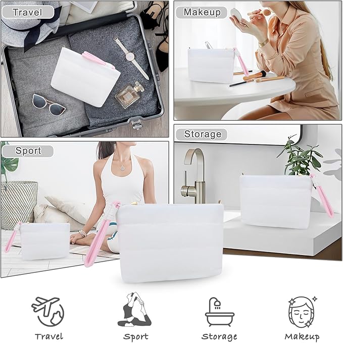 DOB SECHS Quilted Makeup Bag with Handle Detachable Cute Striped Puffy Cotton Cosmetic Bag for Women, Small Puffer Toiletry Zipper Make Up Pouch Clutch Bag Travel Organizer Storage Pouches Case, White