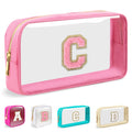 Small Clear Personalized Initial Makeup Bag,Nylon Preppy A-Z Chenille Letter Patch Cosmetic Pouch Beach Toiletry Bag,Waterproof Zipper Travel Purse Storage Bag Organizer for Women Girls(Beige-White C)