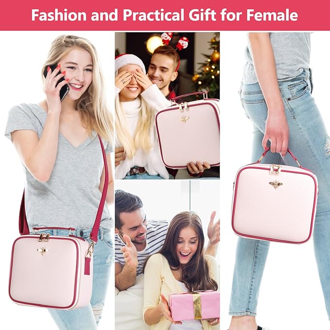 GERYUAEG Travel Makeup Bag with Mirror of LED Lighted, Rechargeable Cosmetic Train Case Artist Makeup Organizer for Women with Adjustable Dividers, Makeup Brushes Holder and Strap (White)