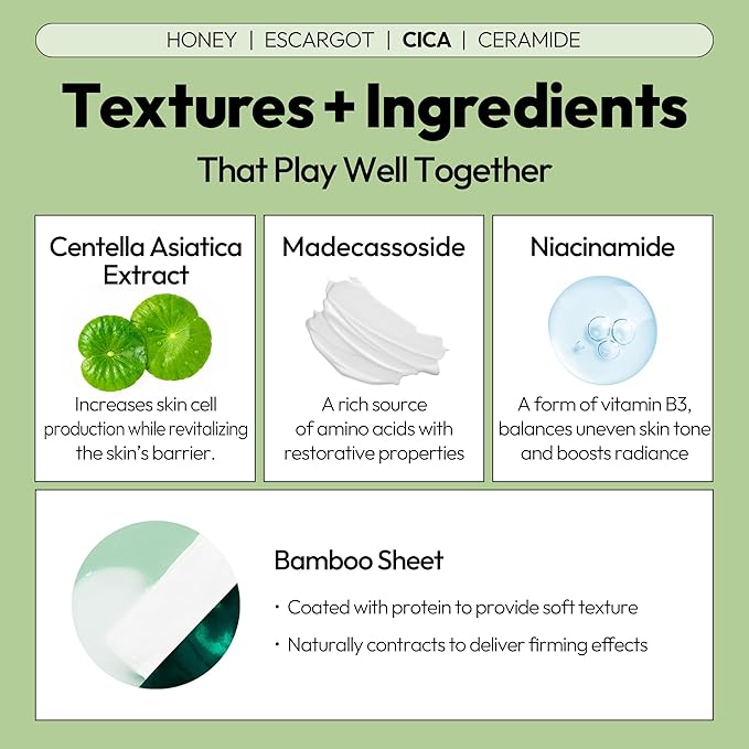 LAPCOS K Beauty Skin Barrier Repair Sheet Mask Variety Pack - Escargot, Cica, Ceramide, Honey - 4 Types of K Beauty Face Mask Set to Hydrate & Soothe - Breathable Sheet Korean Skin Care (Pack of 12)