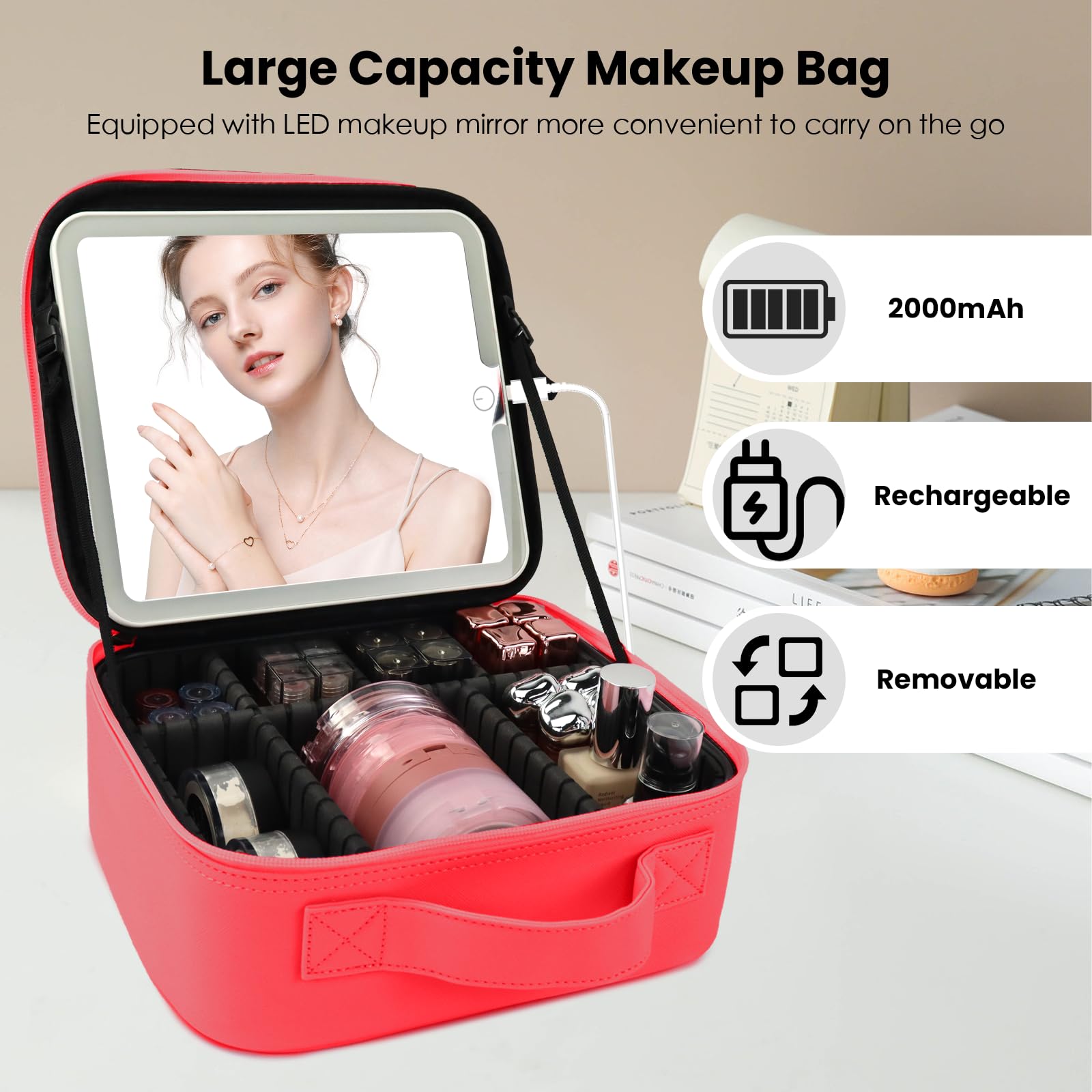 SUILU Travel Makeup Bag with LED Mirror and Light Makeup Travel Bag Organizer Portable Cosmetic Brush Organizer Bag with Adjustable Dividers for Cosmetics Makeup Brushes Toiletry (Light Red)