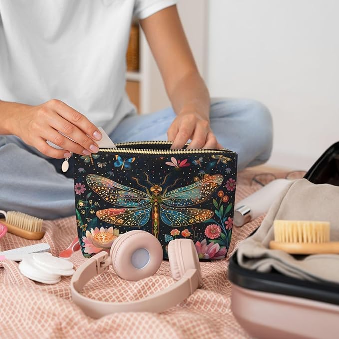 Dultua Mothers Day Gifts Makeup Bag Purse Cosmetic Bag Travel Toiletry Leather Make Up Bags for Mom Wife Women Daughter Floral Dragonfly