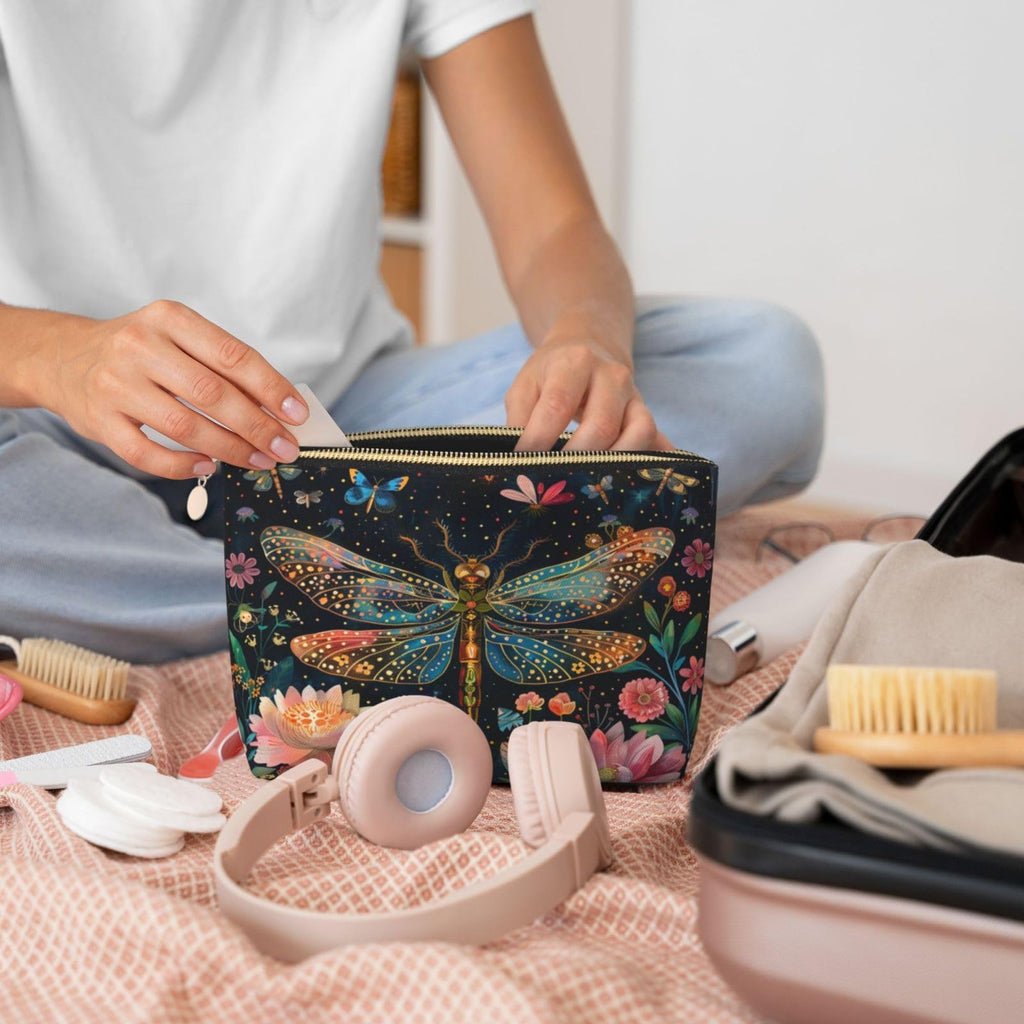 Dultua Mothers Day Gifts Makeup Bag Purse Cosmetic Bag Travel Toiletry Leather Make Up Bags for Mom Wife Women Daughter Floral Dragonfly