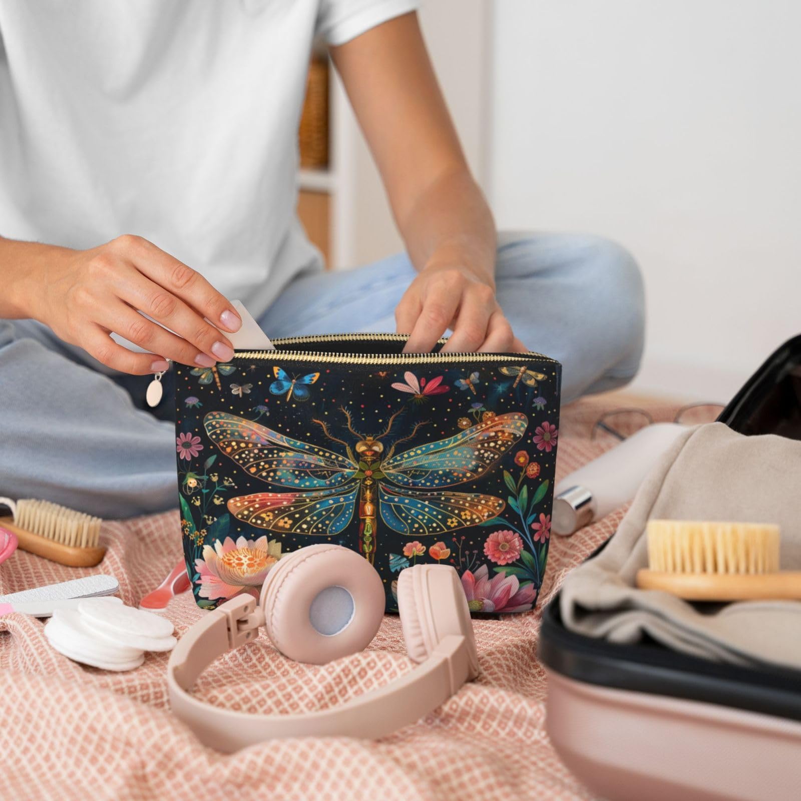 Dultua Mothers Day Gifts Makeup Bag Purse Cosmetic Bag Travel Toiletry Leather Make Up Bags for Mom Wife Women Daughter Floral Dragonfly