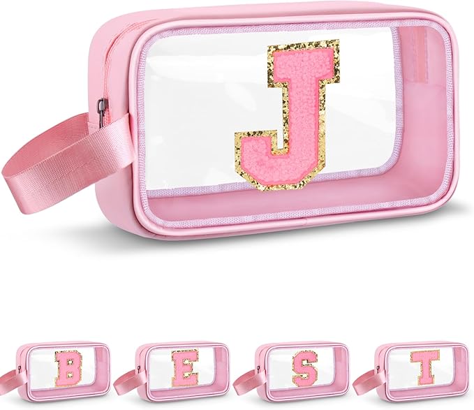 Vodolo Initial Makeup Bag,Letter J Cute Clear Monogrammed Cosmetic Travel Bag for Womens Girls,Personalized Pink Aesthetic Traveling Make Up Organizer Bag for Beach,Waterproof Toiletry Bag