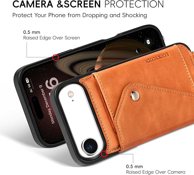 LUCKYCOIN Crossbody Phone Case for iPhone Air,100% Genuine Leather Phone Wallet Case for Women,Fashion Premium Hands-Free Phone Purse with Expandable Flip Card Holder & Adjustable Strap - Retro Brown
