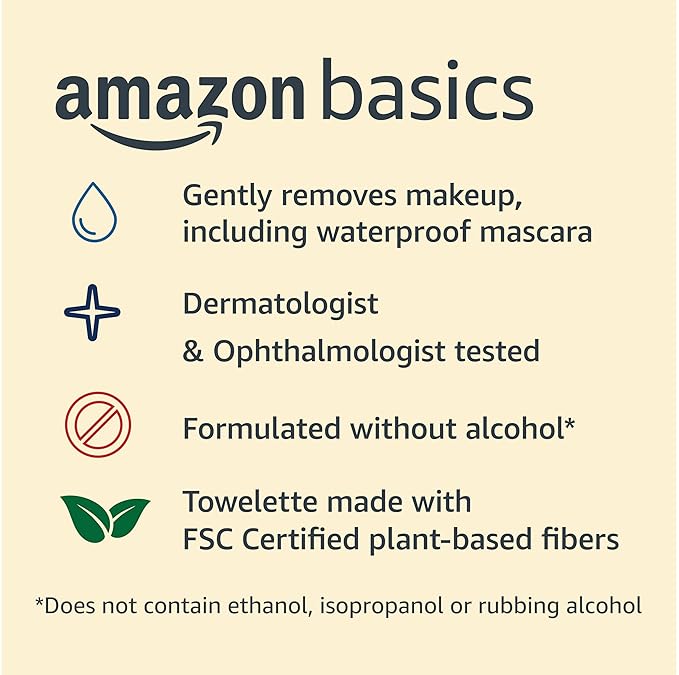 Amazon Basics Makeup Remover Wipes, Gentle Cleansing, Dermatologist Tested, pH-Balanced, Plant Based, Alcohol-Free, Removes Waterproof Mascara, 25 Count, 2-Pack