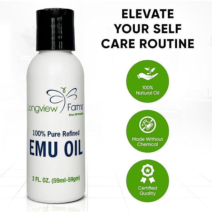Longview Farms® Emu Oil - Hair and Body - 100% Pure & Refined Emu Oil for Skin & Hair Care | Premium Quality Hydration | 2 Fl. Oz