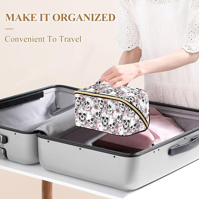 MNSRUU Makeup Organizer Bag, Halloween Skull Flowers and Pink Cherries Travel Makeup Bags Makeup Vanity Case Large Capacity Rhombus Cosmetic Toiletry Bag for Girl Women Ladies