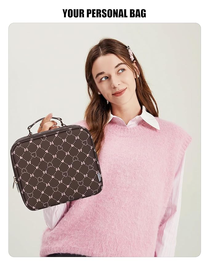 Relavel Travel Makeup Bag With LED Mirror, Brown Bowknot