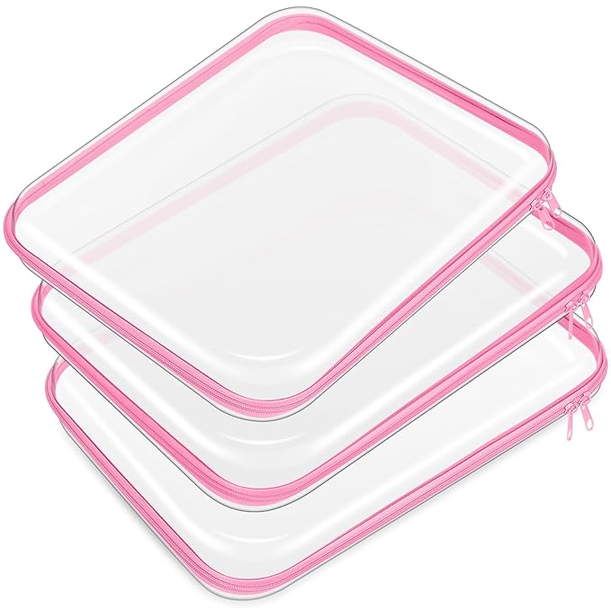 Hoolerry 3 Pcs Clear Hard Zipper Case Hard Plastic Zipper Pouch Makeup Bag Portable Travel Organizer for Cosmetics, Office Supplies, Documents & Toiletries(Pink,L)