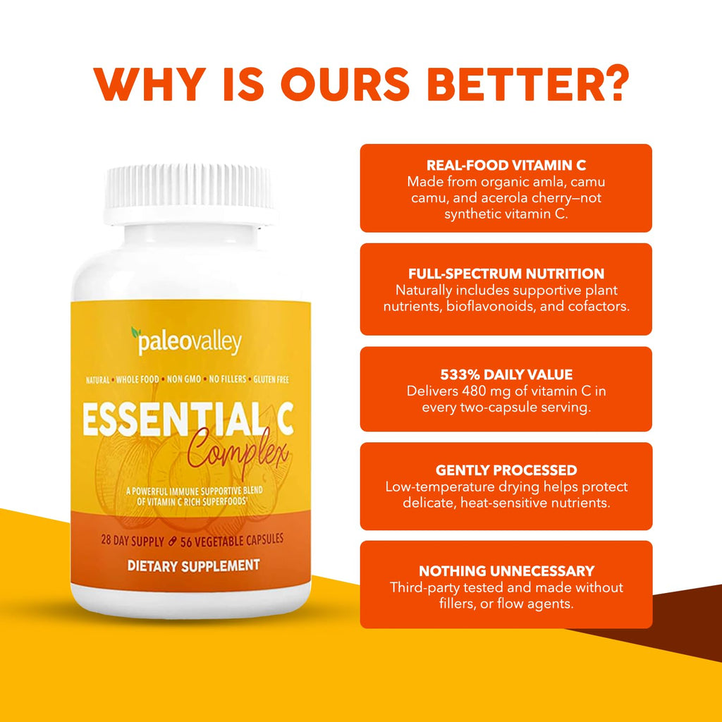 Paleovalley Essential C Complex, Whole Food Vitamin C Supplement, Organic Acerola Cherry, Camu Camu, Amla Berry, No Synthetic Ascorbic Acid, Immune Support Capsules, 450mg- Made in the USA