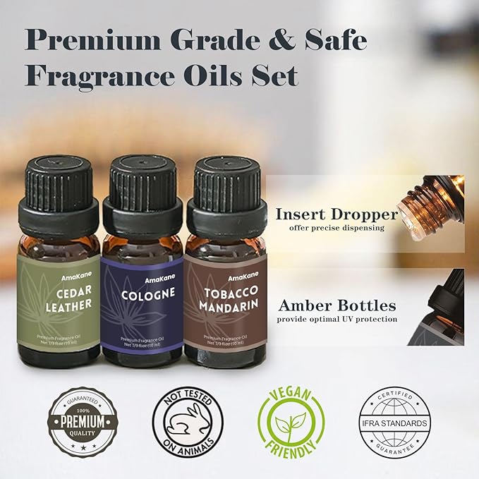 AmaKane Men Essential Oils Set for Diffuser for Home, Masculine Fragrance Oils for Candle Making, Soap Making Scents, Scented Oil Gift Set for Men 6x10ml
